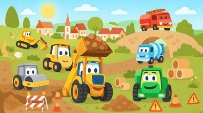 Kids-Mundo flat artwork of the construction site wall mural showing diggers, trucks and a fire engine