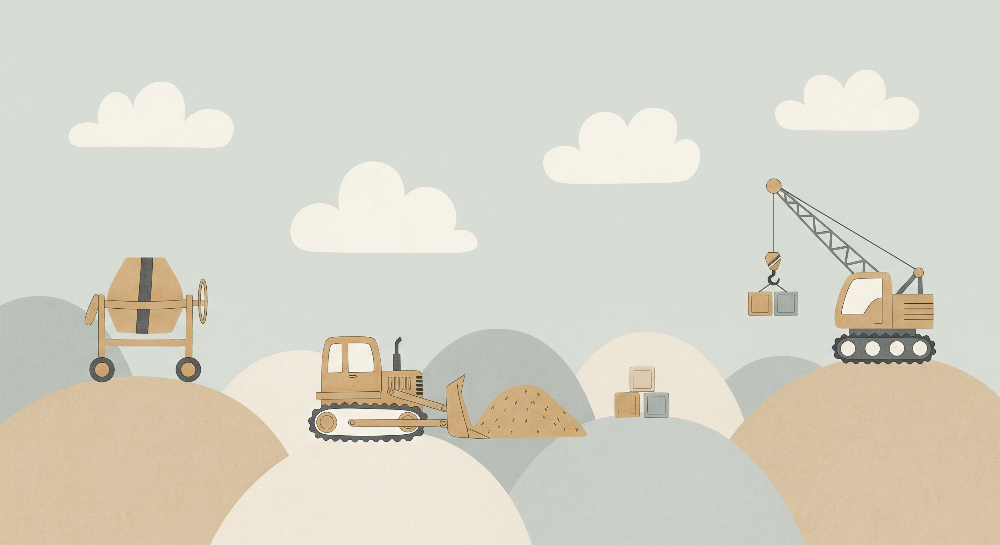 Kids-Mundo flat artwork of a cement mixer, bulldozer and crane on sandy hills, full mural design.
