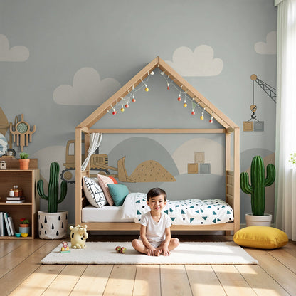 Kids-Mundo cement mixer and crane construction wall mural in a calm, sandy-toned nursery.