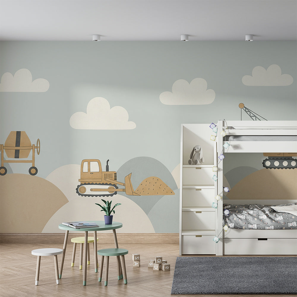 Kids-Mundo cement mixer and crane wall mural brightening an active children's playroom.