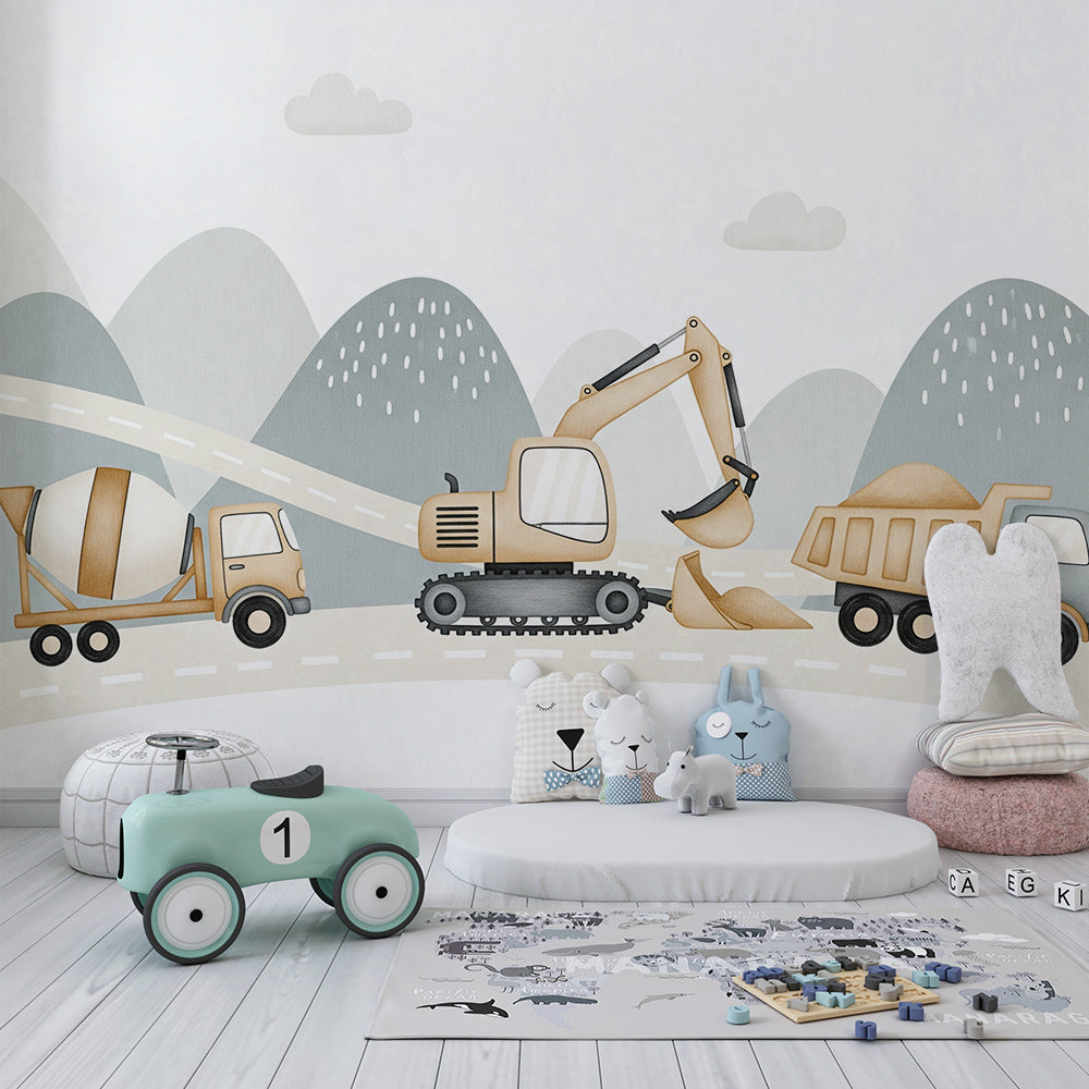 Kids-Mundo construction trucks convoy wall mural behind a bed in a kids bedroom.
