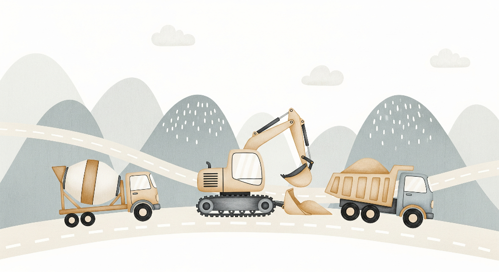 Kids-Mundo flat artwork preview of the construction truck convoy mountain wall mural.