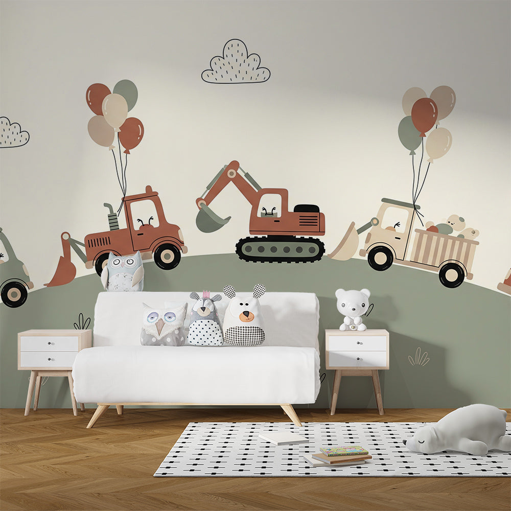 Kids-Mundo construction trucks and balloons wall mural on a feature wall in a kids bedroom