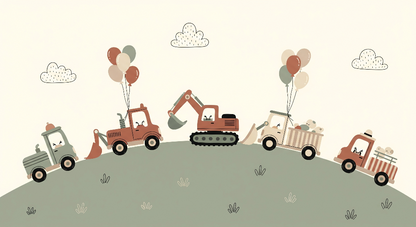 Kids-Mundo flat artwork of pastel construction trucks carrying balloons across a green hill