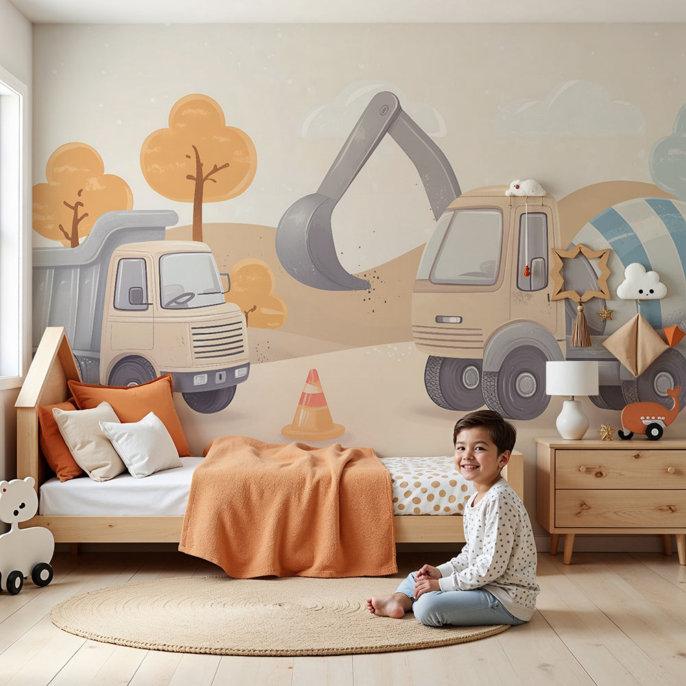 Kids-Mundo pastel construction truck wall mural styled in a nursery with digger and cement mixer artwork.