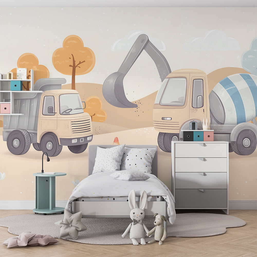 Kids-Mundo digger and truck wall mural brightening a playroom with a pastel building site scene.