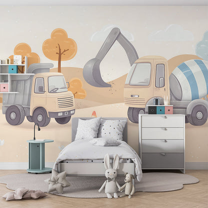 Kids-Mundo digger and truck wall mural brightening a playroom with a pastel building site scene.