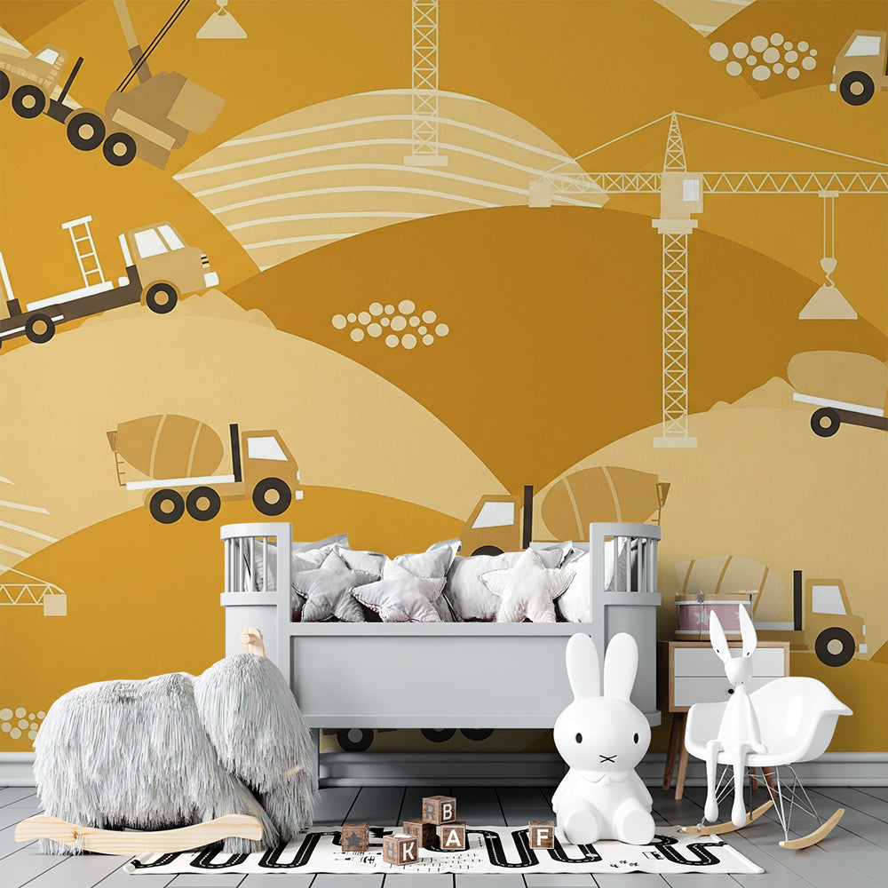 Kids-Mundo construction truck wall mural covering a wall in an energetic kids bedroom