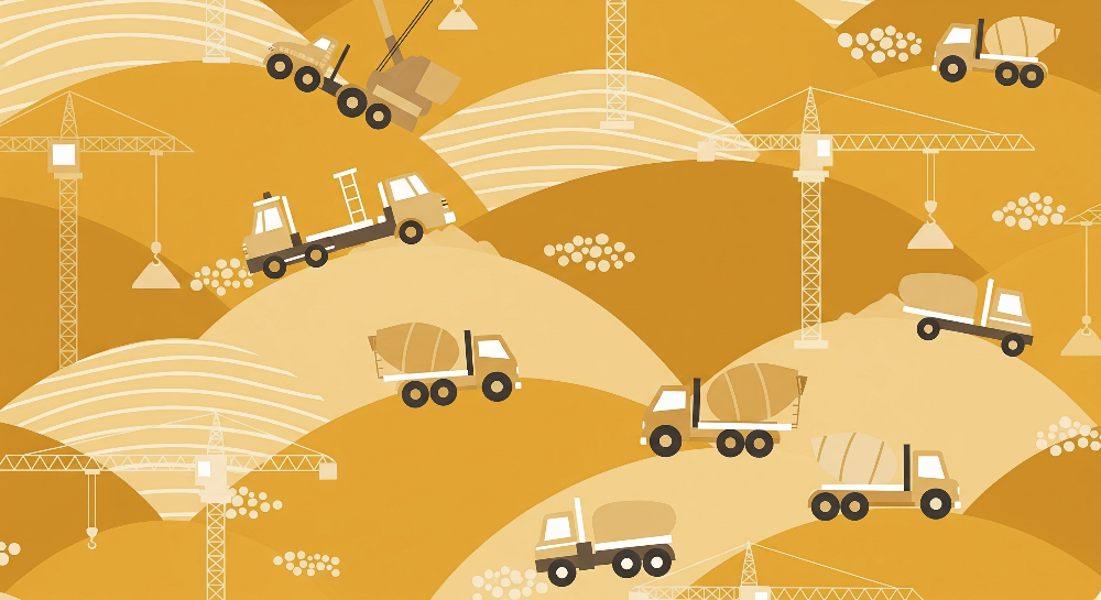 Kids-Mundo flat artwork of cranes, mixers and dump trucks on golden rolling hills