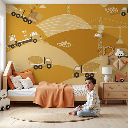 Kids-Mundo construction truck wall mural styled in a bright toddler nursery with a cot