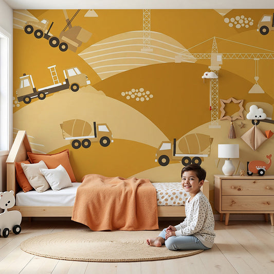 Kids-Mundo construction truck wall mural styled in a bright toddler nursery with a cot