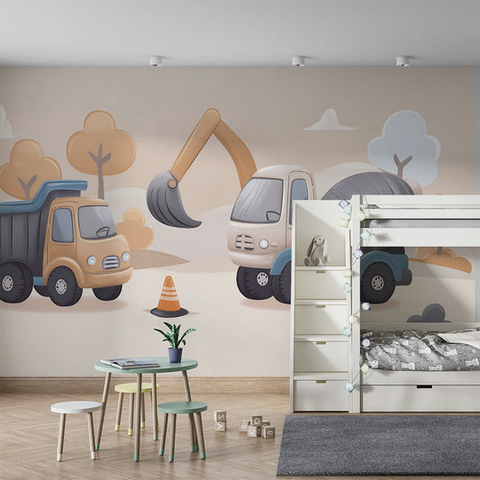 Kids-Mundo pastel construction trucks mural in a fun kids bedroom wall