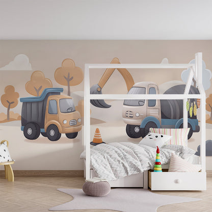 Kids-Mundo construction site wall mural bringing trucks to a lively playroom