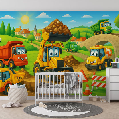 Kids-Mundo digger and dump truck wall mural filling a busy kids bedroom