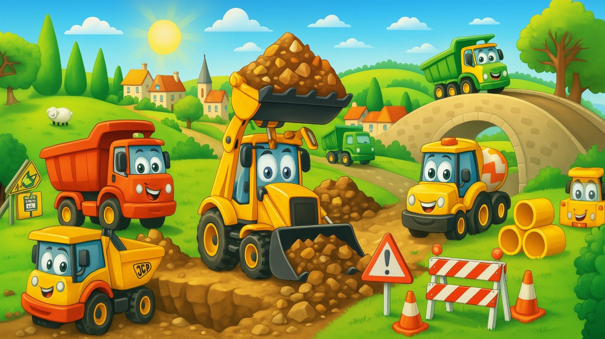 Kids-Mundo flat artwork preview of the construction trucks countryside wall mural design
