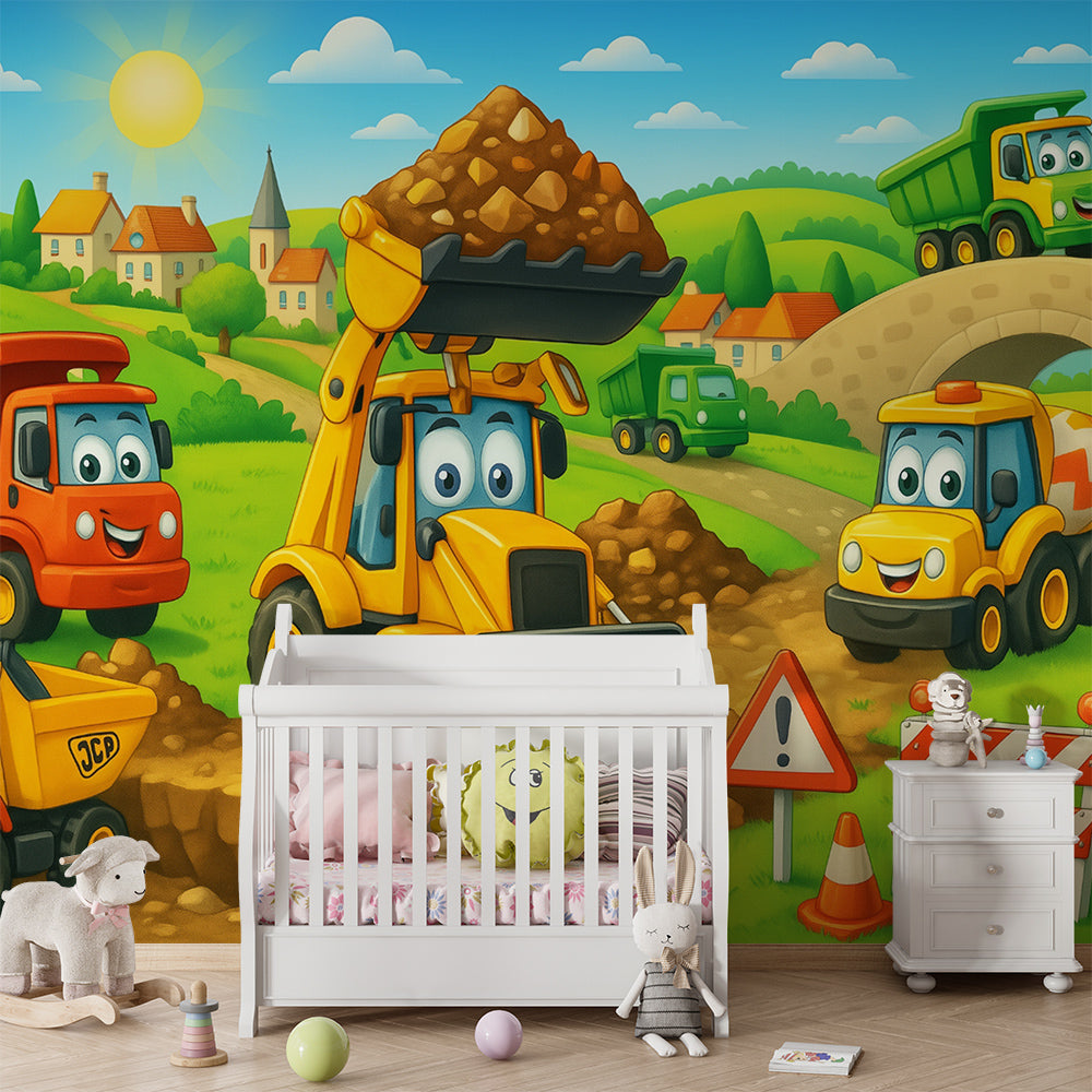 Kids-Mundo construction trucks wall mural bringing building-site fun to a playroom