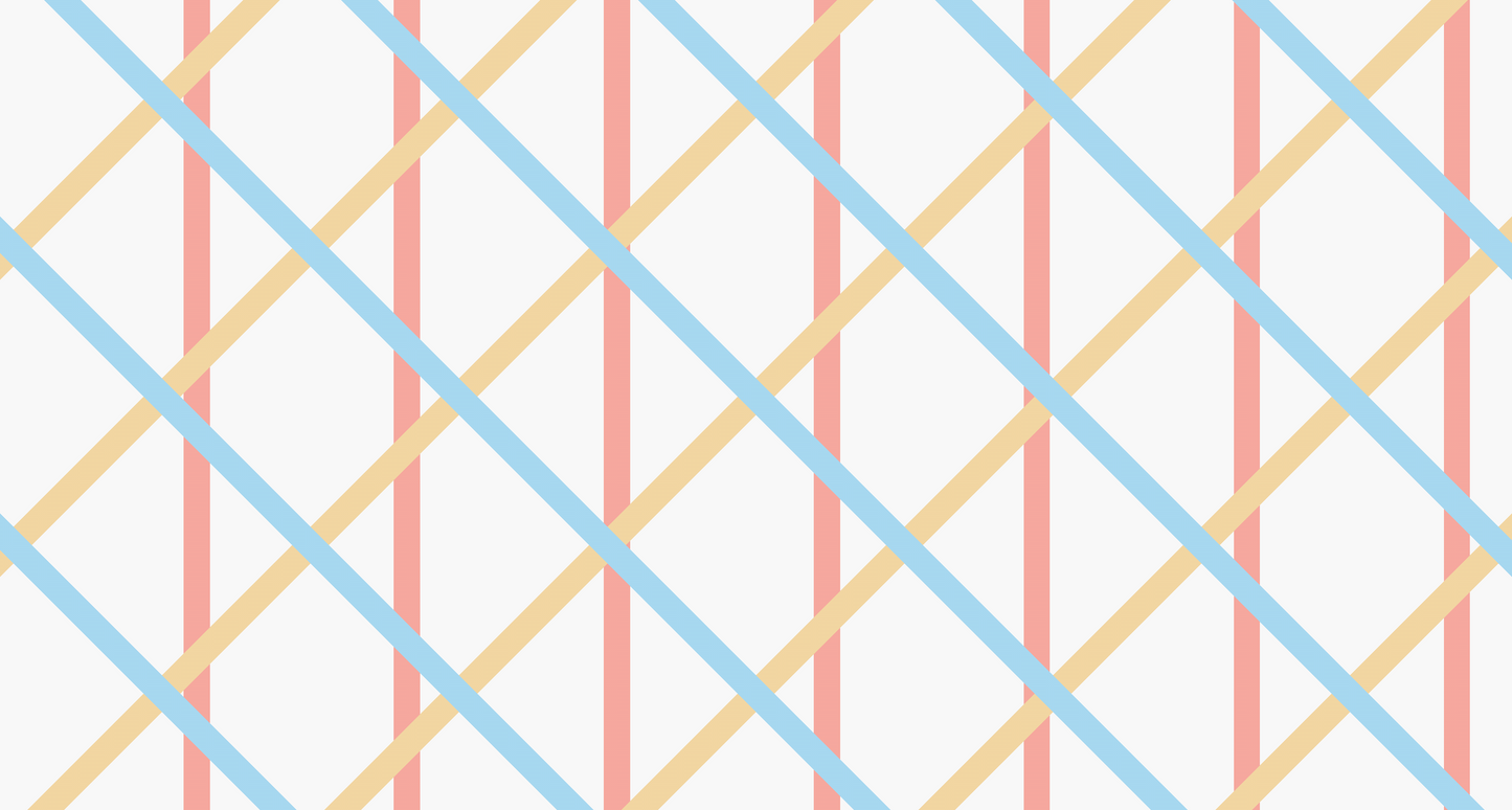 Kids-Mundo flat artwork of crisscrossing coral, blue and yellow lines forming a diamond lattice