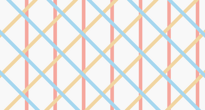 Kids-Mundo flat artwork of crisscrossing coral, blue and yellow lines forming a diamond lattice