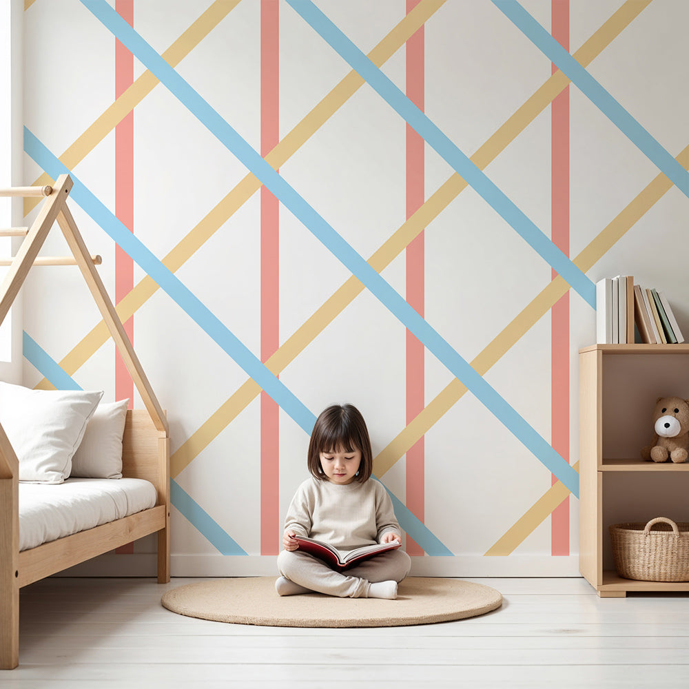 Kids-Mundo coral blue and yellow lattice wall mural styled behind a cot in a bright nursery