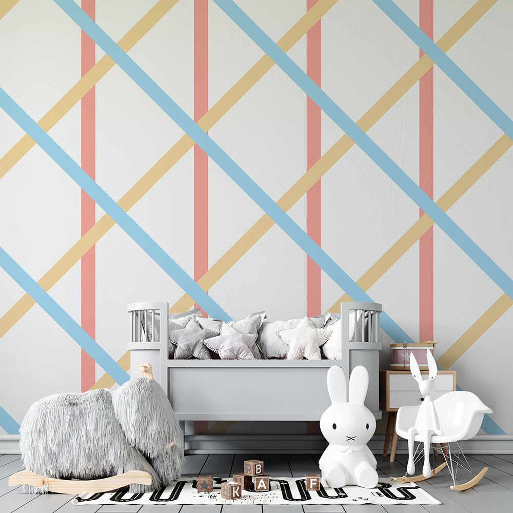 Kids-Mundo coral and blue lattice wall mural adding pattern to a children's playroom wall