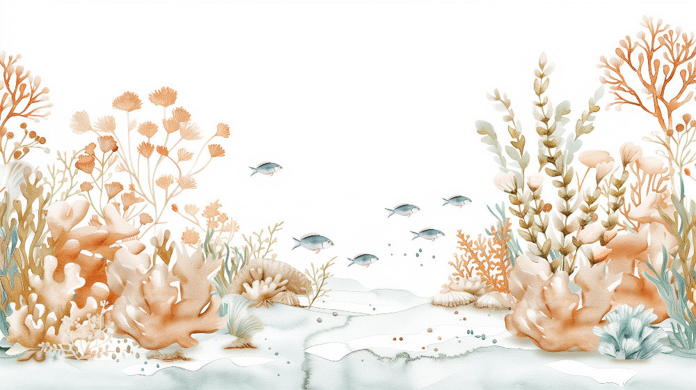 Detailed pastel coral reef mural wallpaper design pattern with delicate fish by Kids-Mundo