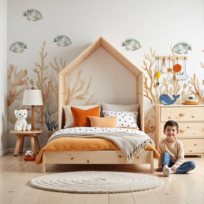 Coral reef mural wallpaper with beige tones creating peaceful baby nursery decor by Kids-Mundo