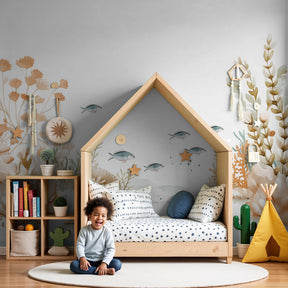 Coral reef mural wallpaper creating peaceful underwater nursery decor with pastel ocean colors by Kids-Mundo