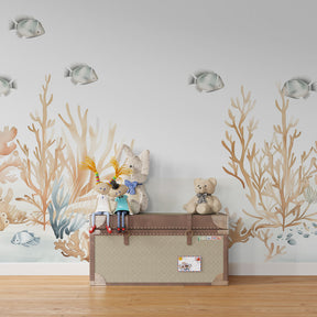 Delicate beige coral reef wallpaper transforming kids bedroom into underwater sanctuary