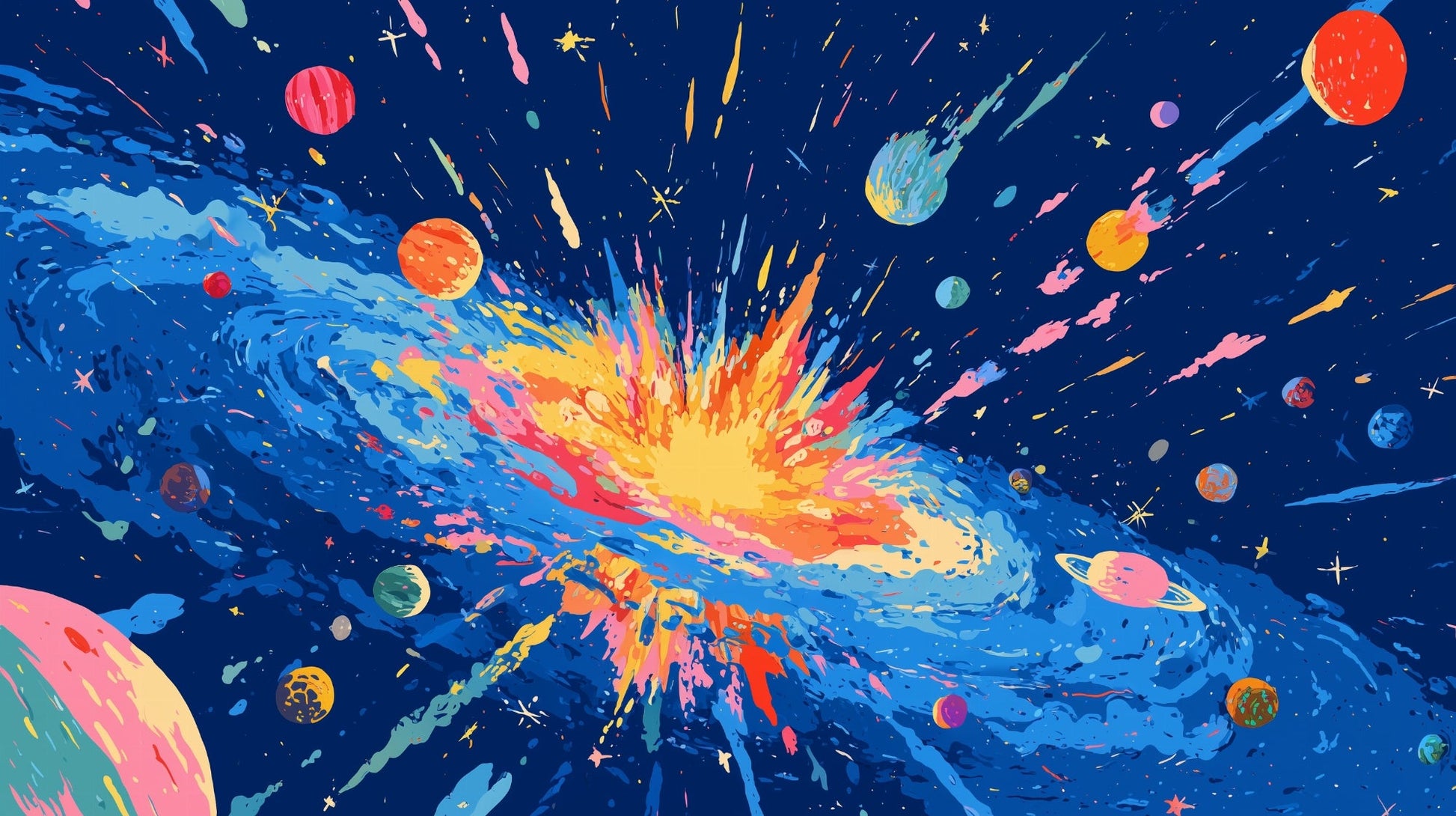 Kids-Mundo flat artwork of a bold cosmic explosion in red, orange and blue with paint-splatter planets.