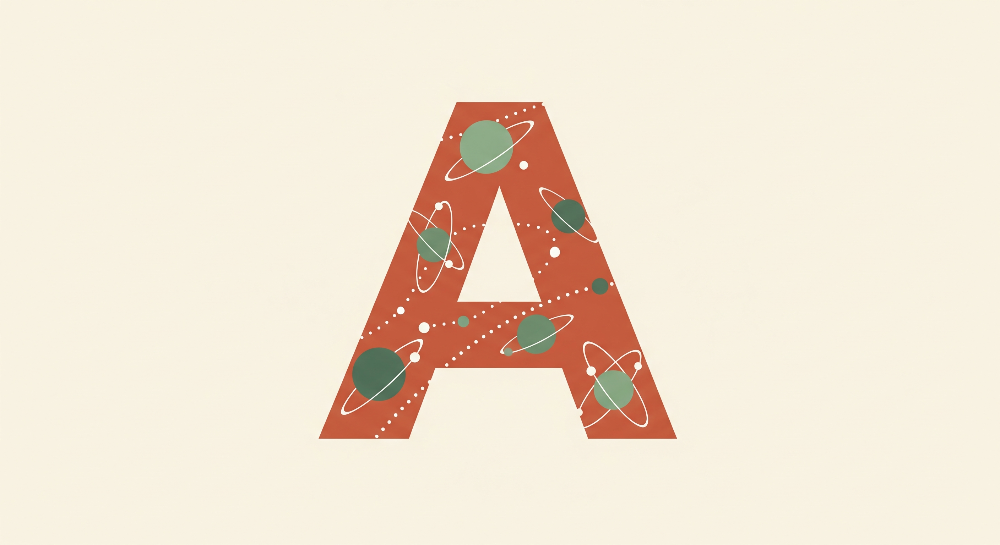 Kids-Mundo flat artwork of a terracotta letter A decorated with planets and orbits
