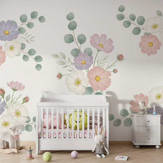 Kids-Mundo cosmos floral wall mural decorating a cosy girl's bedroom feature wall