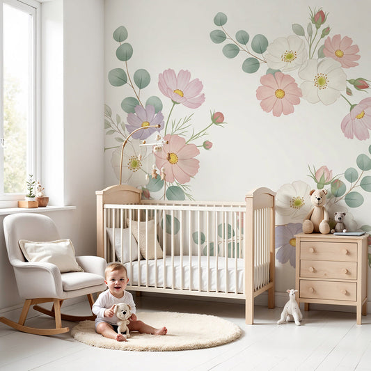 Kids-Mundo cosmos floral bouquet wall mural styled in a soft pastel baby nursery
