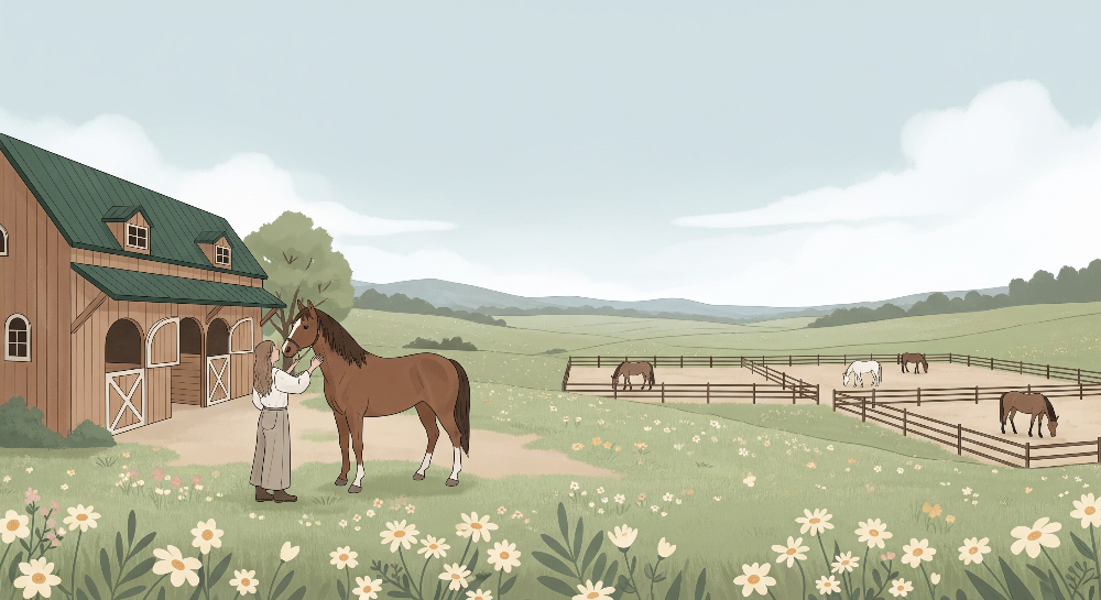 Kids-Mundo wall mural artwork of a girl petting a horse on a peaceful countryside farm