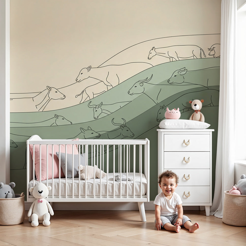 Peaceful cow mural wallpaper in modern nursery with green pastoral design by Kids-Mundo
