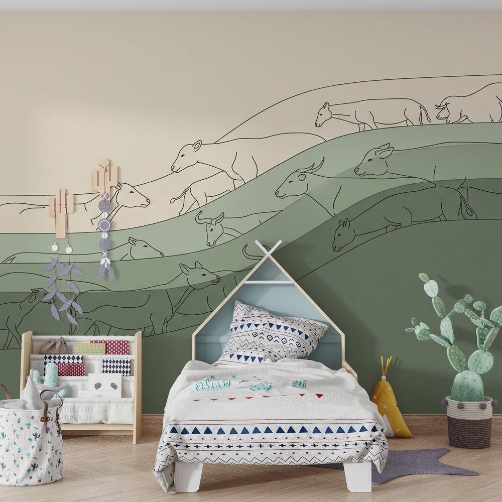 Cow wallpaper creating serene atmosphere in children's bedroom with natural decor