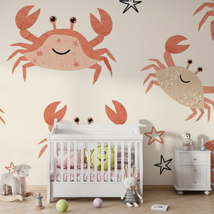 Kids-Mundo cheerful crab wall mural covering a feature wall in a coastal-themed kids' bedroom