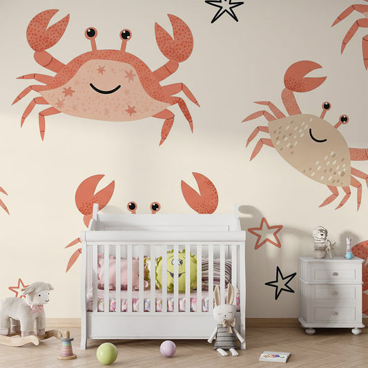 Kids-Mundo cheerful crab wall mural covering a feature wall in a coastal-themed kids' bedroom