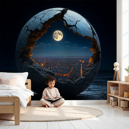 Kids-Mundo cracked moon and night city wall mural styled above a cot in a moody, dramatic nursery