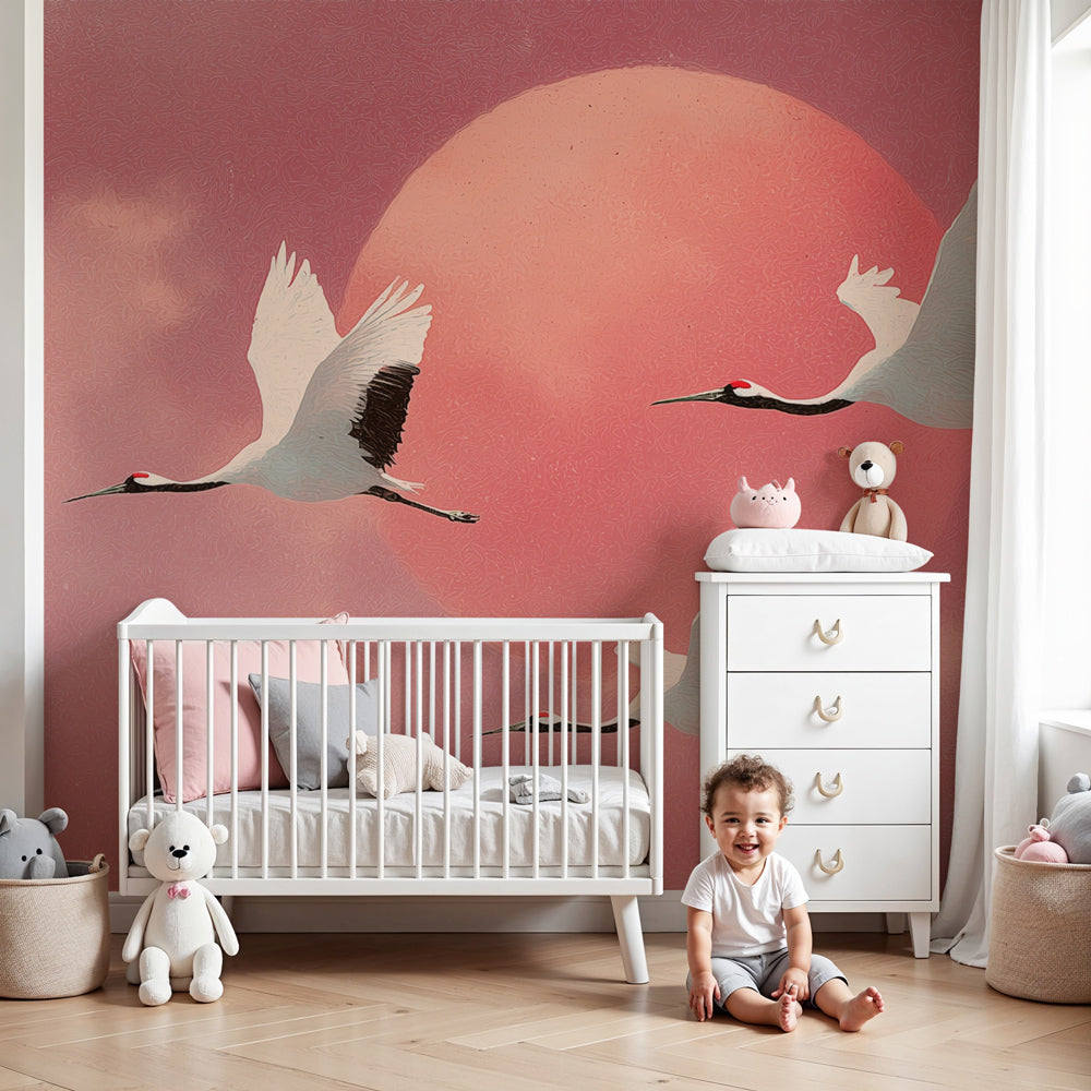 Crane birds mural wallpaper with pink sky in modern nursery room by Kids-Mundo