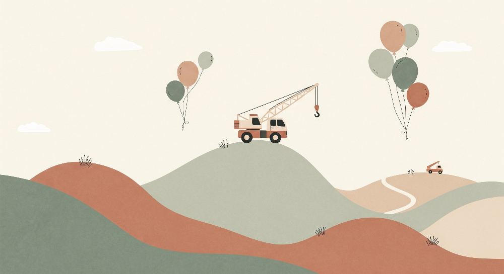 Kids-Mundo flat artwork of a crane truck on hills with pastel balloons overhead