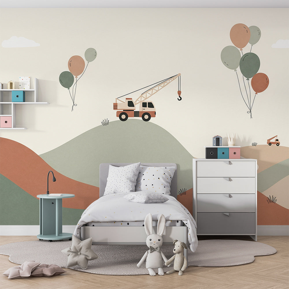 Kids-Mundo crane truck wall mural bringing playful hills to a cosy playroom wall
