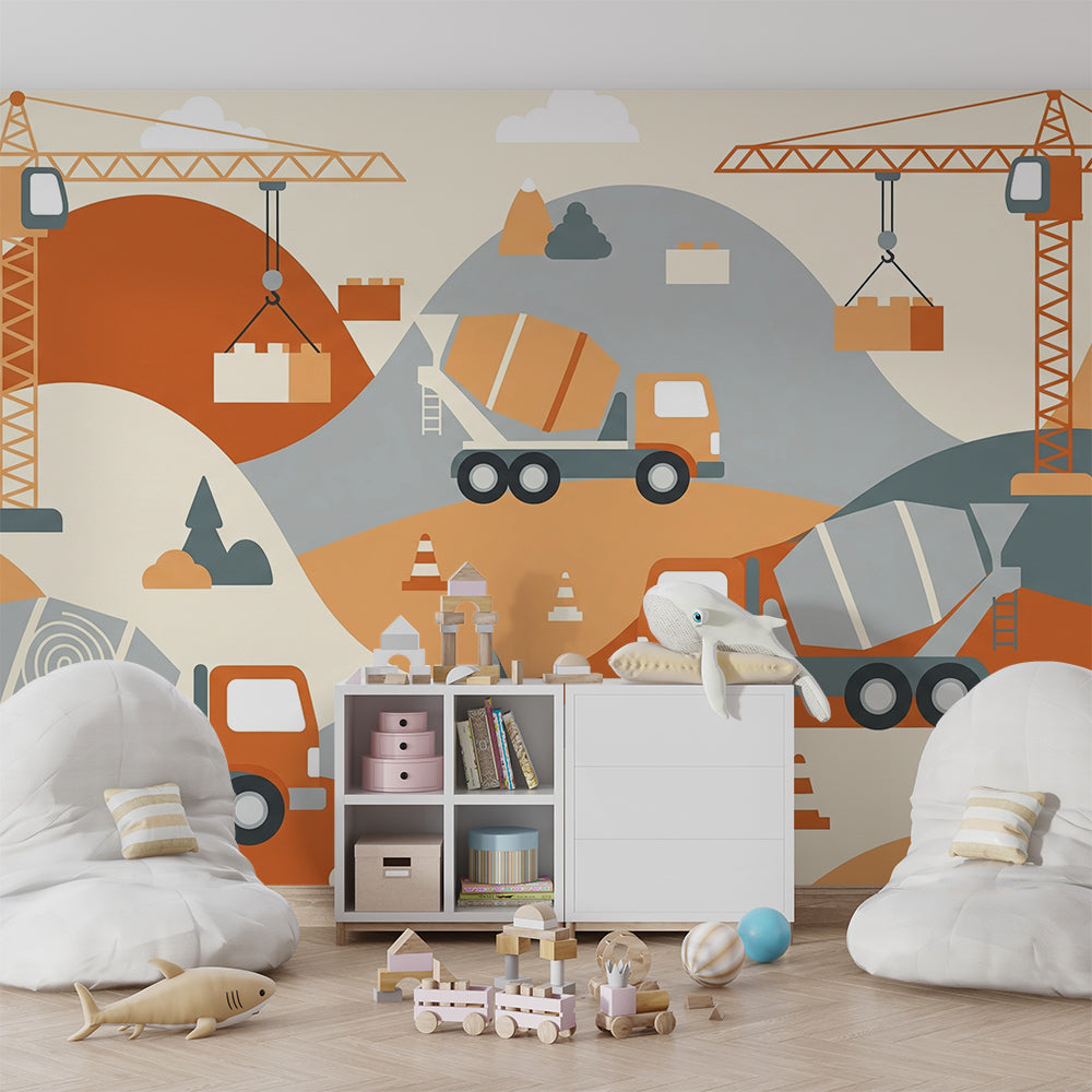 Kids-Mundo cement mixer and crane mural covering a feature wall in a kids' bedroom