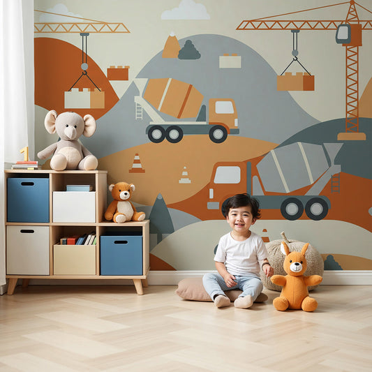 Kids-Mundo cranes and cement mixer truck wall mural styled in a warm terracotta nursery