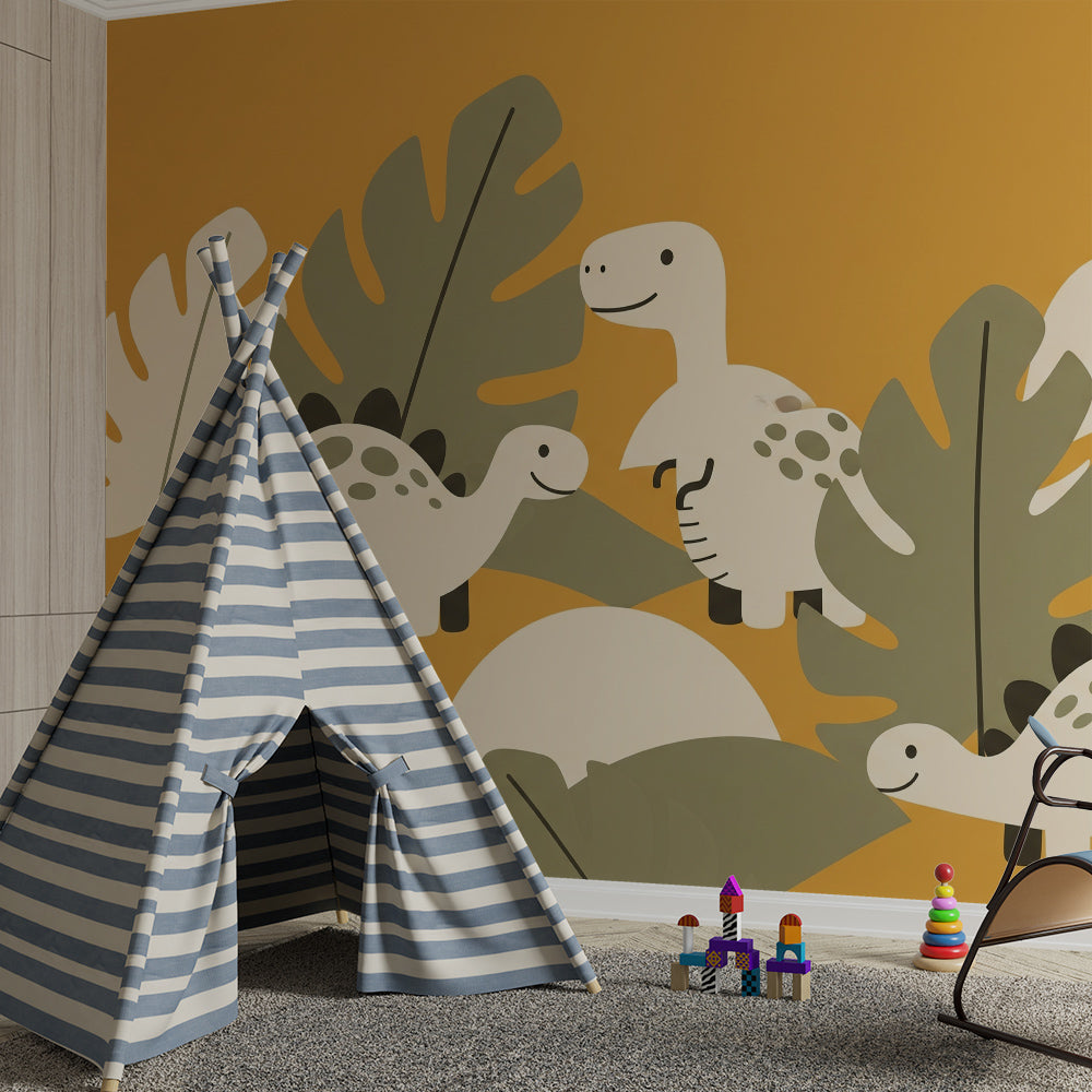 Kids-Mundo cream dinosaur mural on a kids bedroom wall beside a bed and bookshelf