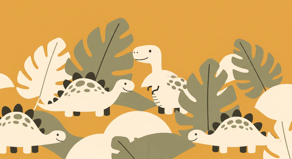Flat artwork of the Kids-Mundo cream dinosaur tropical leaves wall mural design on burnt orange