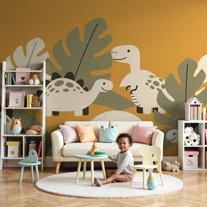 Kids-Mundo tropical dinosaur wall mural styled in an orange-accented nursery with a cot