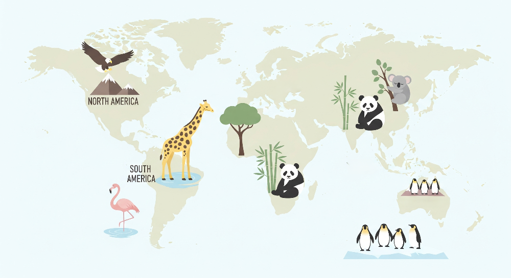 Kids-Mundo cream world map artwork featuring an eagle, flamingo, pandas and penguins
