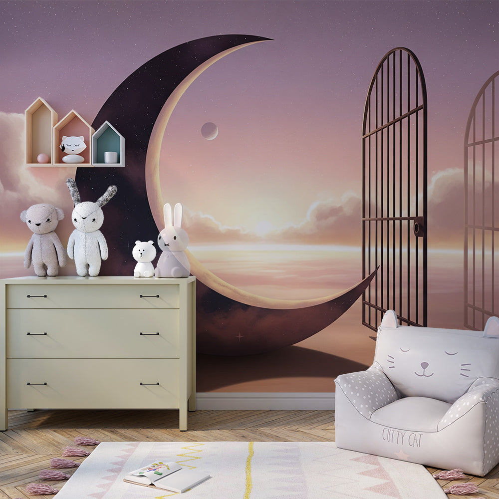 Kids-Mundo crescent moon mural on a kids bedroom wall, with an open iron gate and sunset sky