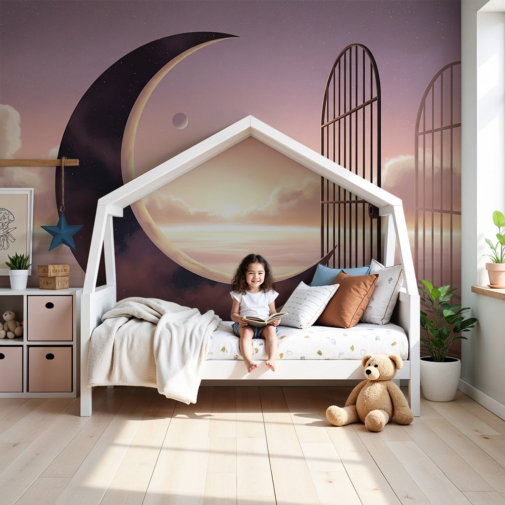 Kids-Mundo moon wall mural in a nursery, showing a crescent moon beside an open starry gate