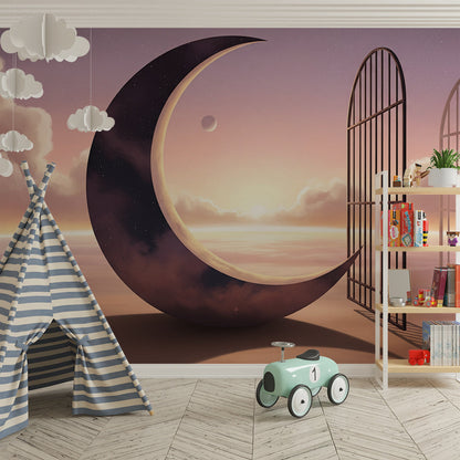 Kids-Mundo moon wall mural in a playroom, featuring a glowing crescent moon and open gate